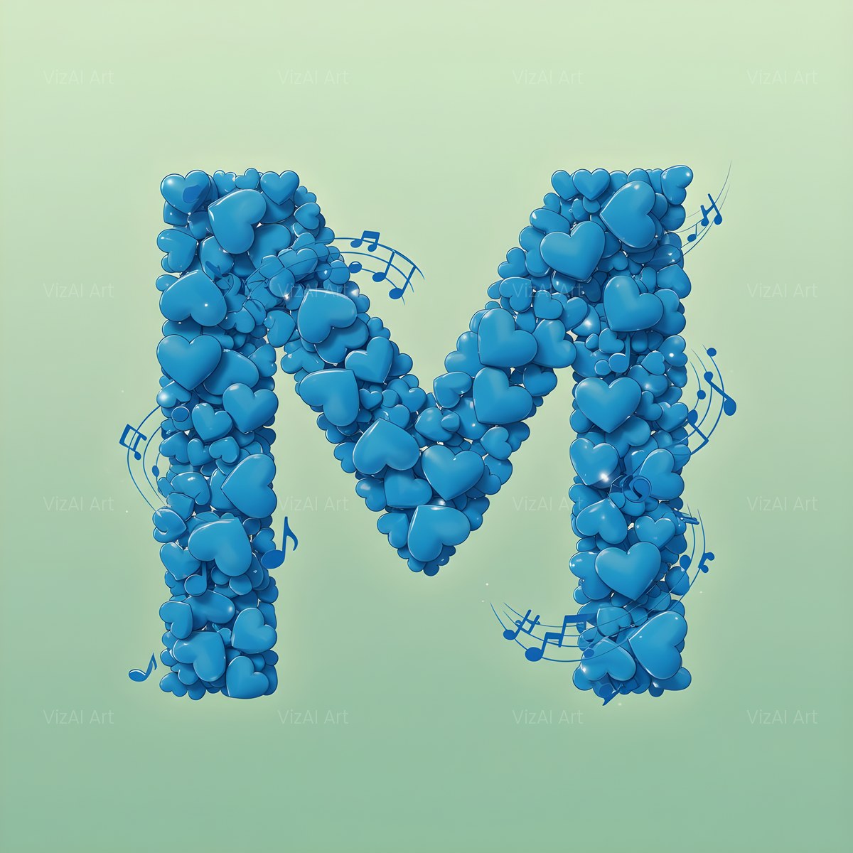 Blue Heart Drift alphabet — printable letter M