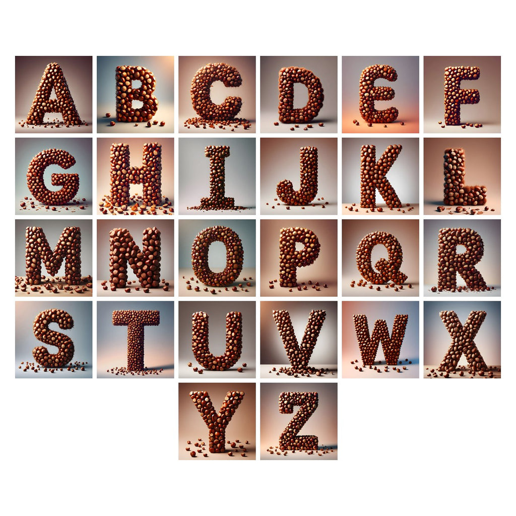 Chestnut Roast Warmth alphabet — all 26 letters A to Z, choose any single letter