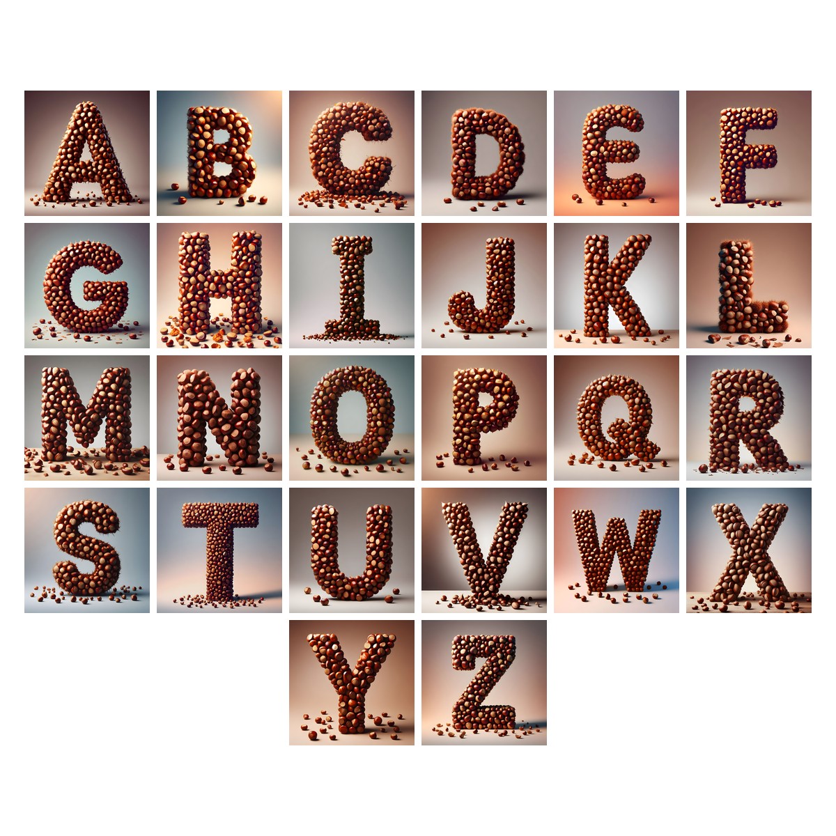 Chestnut Roast Warmth alphabet — all 26 letters A to Z, choose any single letter