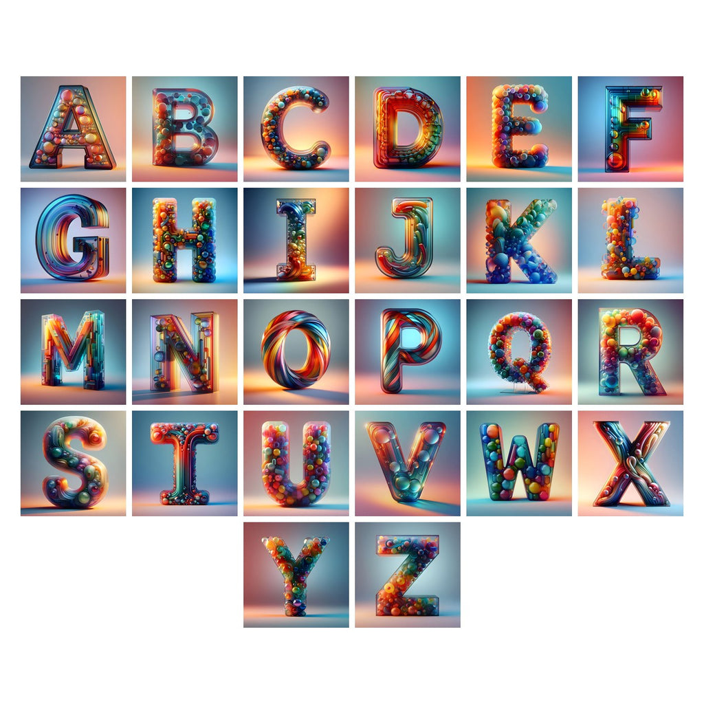 Rainbow Glass Bubble alphabet — all 26 letters A to Z, choose any single letter