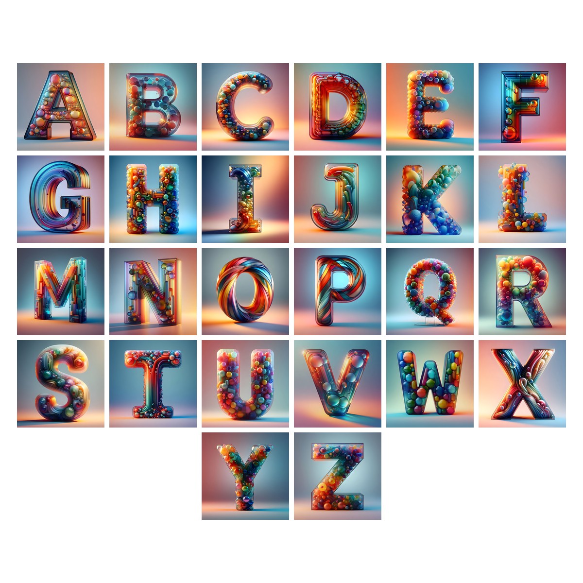 Rainbow Glass Bubble alphabet — all 26 letters A to Z, choose any single letter