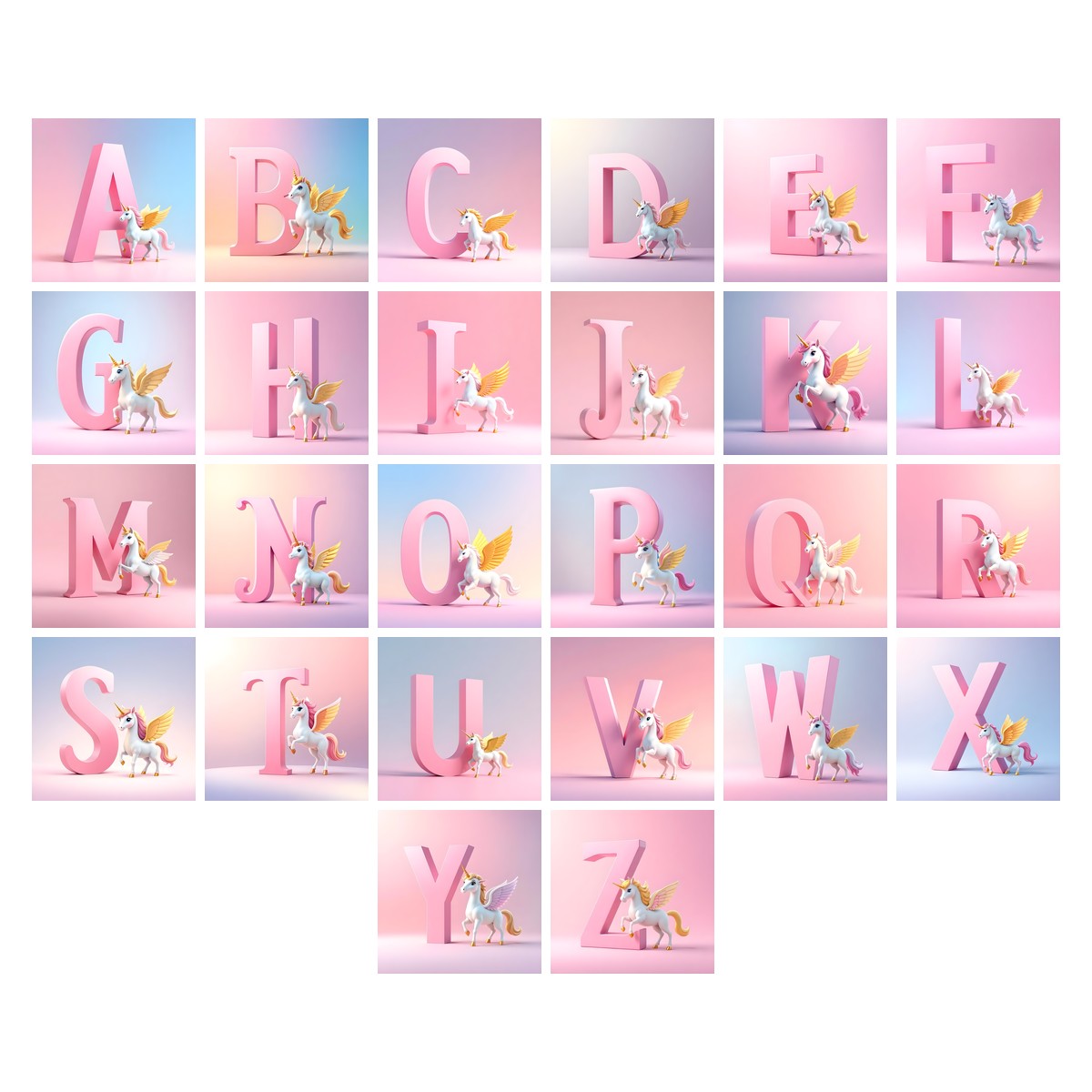 Pastel Pegasus Foal alphabet — all 26 letters A to Z, choose any single letter