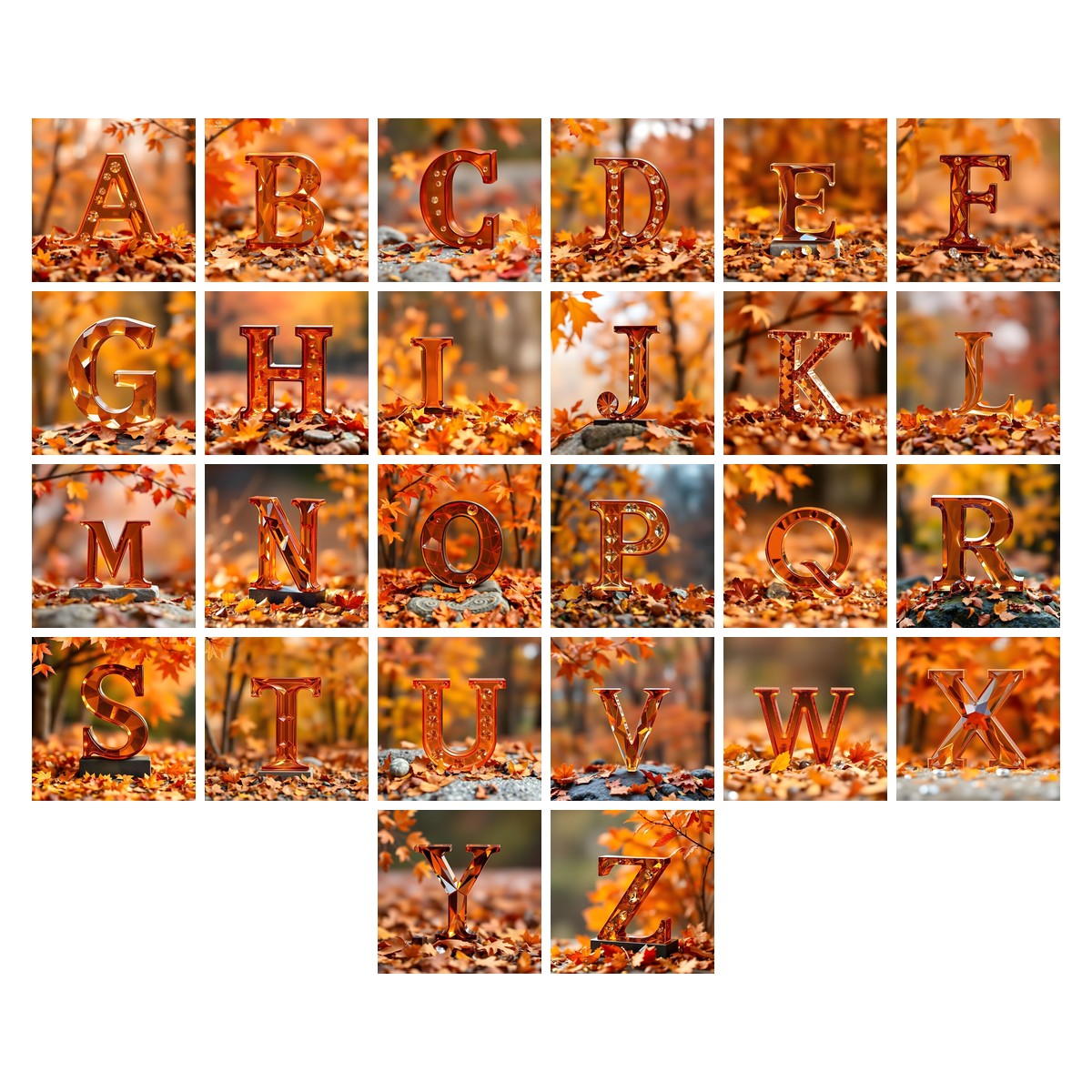 Autumn Maple Glow alphabet — all 26 letters A to Z, choose any single letter