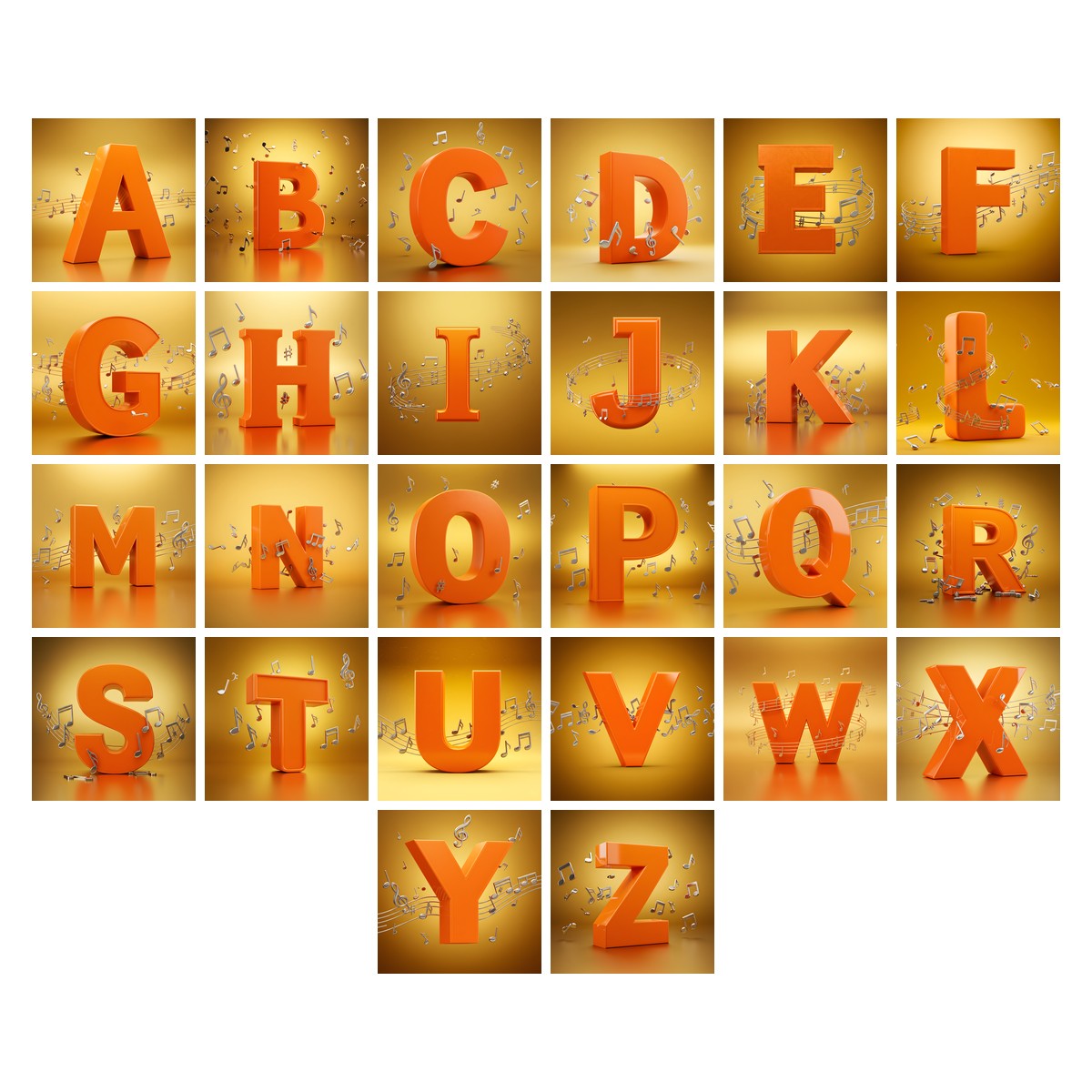 Amber Music Note alphabet — all 26 letters A to Z, choose any single letter