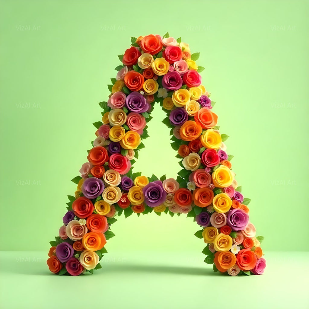 Rainbow Rose Bloom alphabet — printable letter A