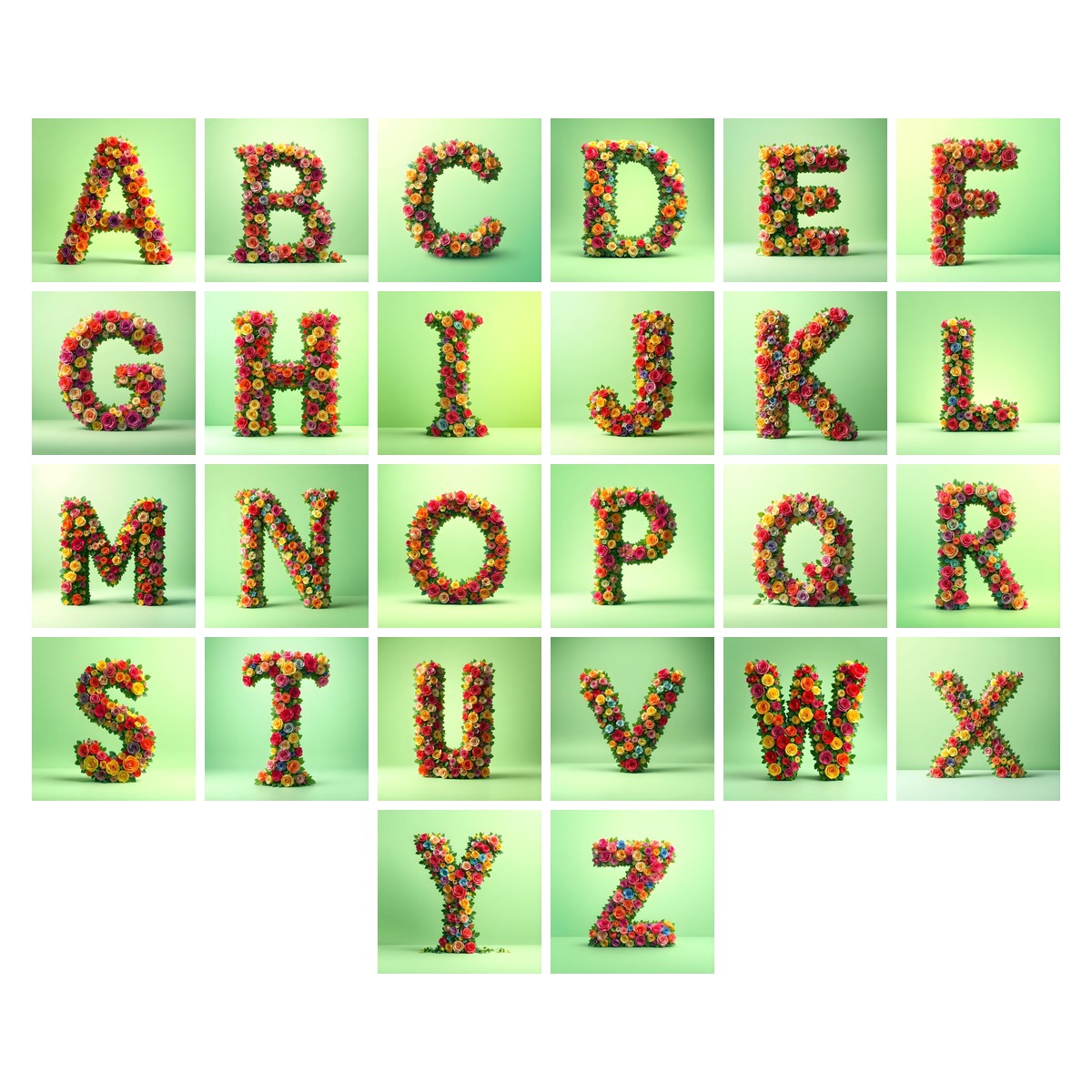 Rainbow Rose Bloom alphabet — all 26 letters A to Z, choose any single letter
