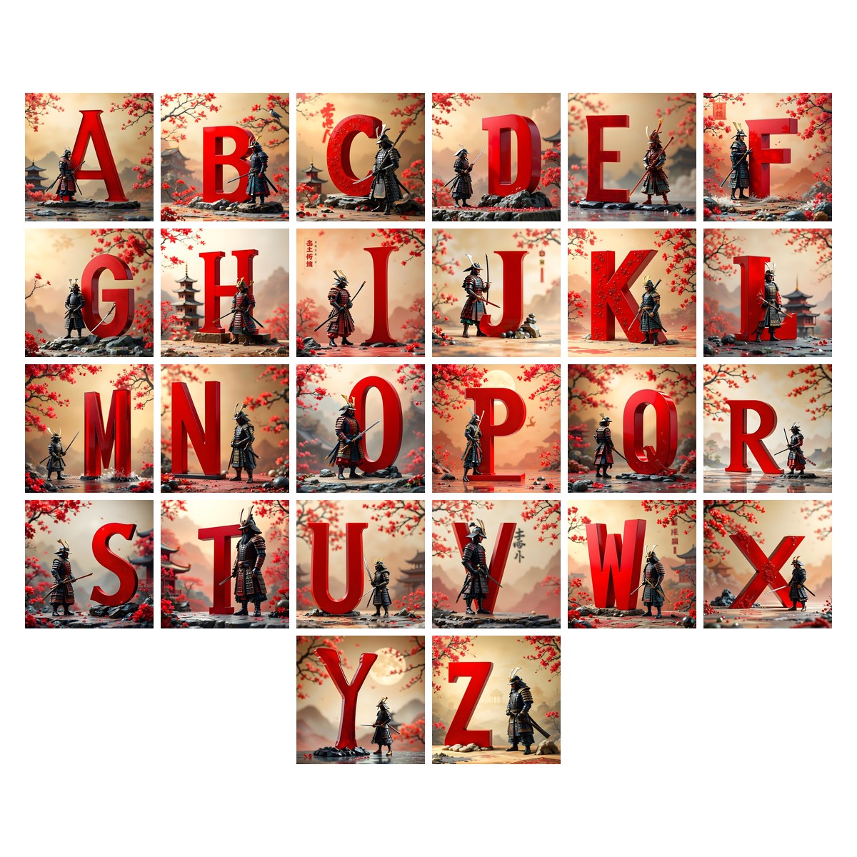 Samurai Blossom alphabet — all 26 letters A to Z, choose any single letter