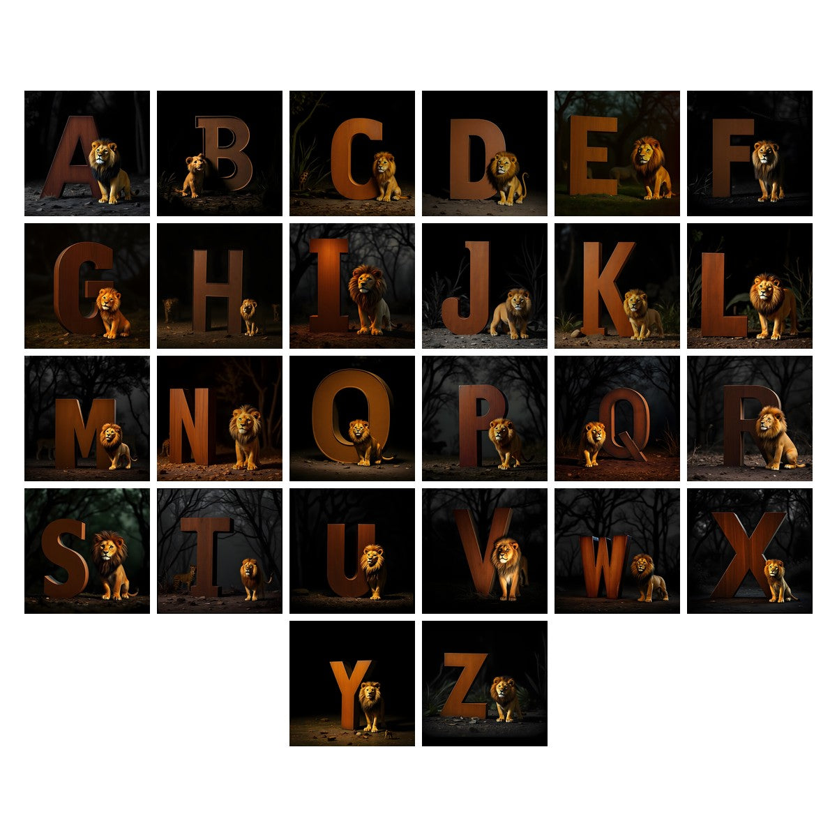 Bronze Lion Night alphabet — all 26 letters A to Z, choose any single letter