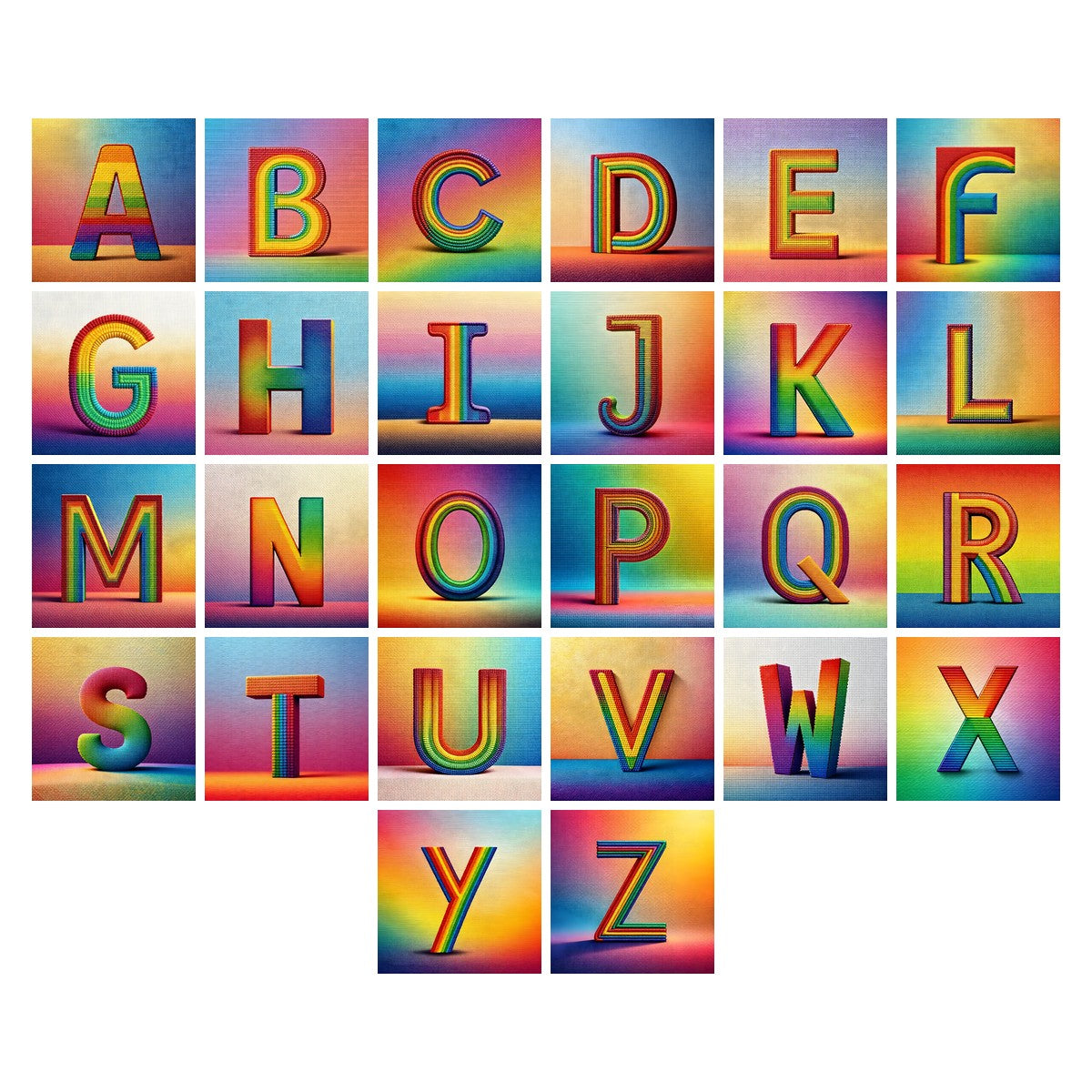 Rainbow Knit Textile alphabet — all 26 letters A to Z, choose any single letter
