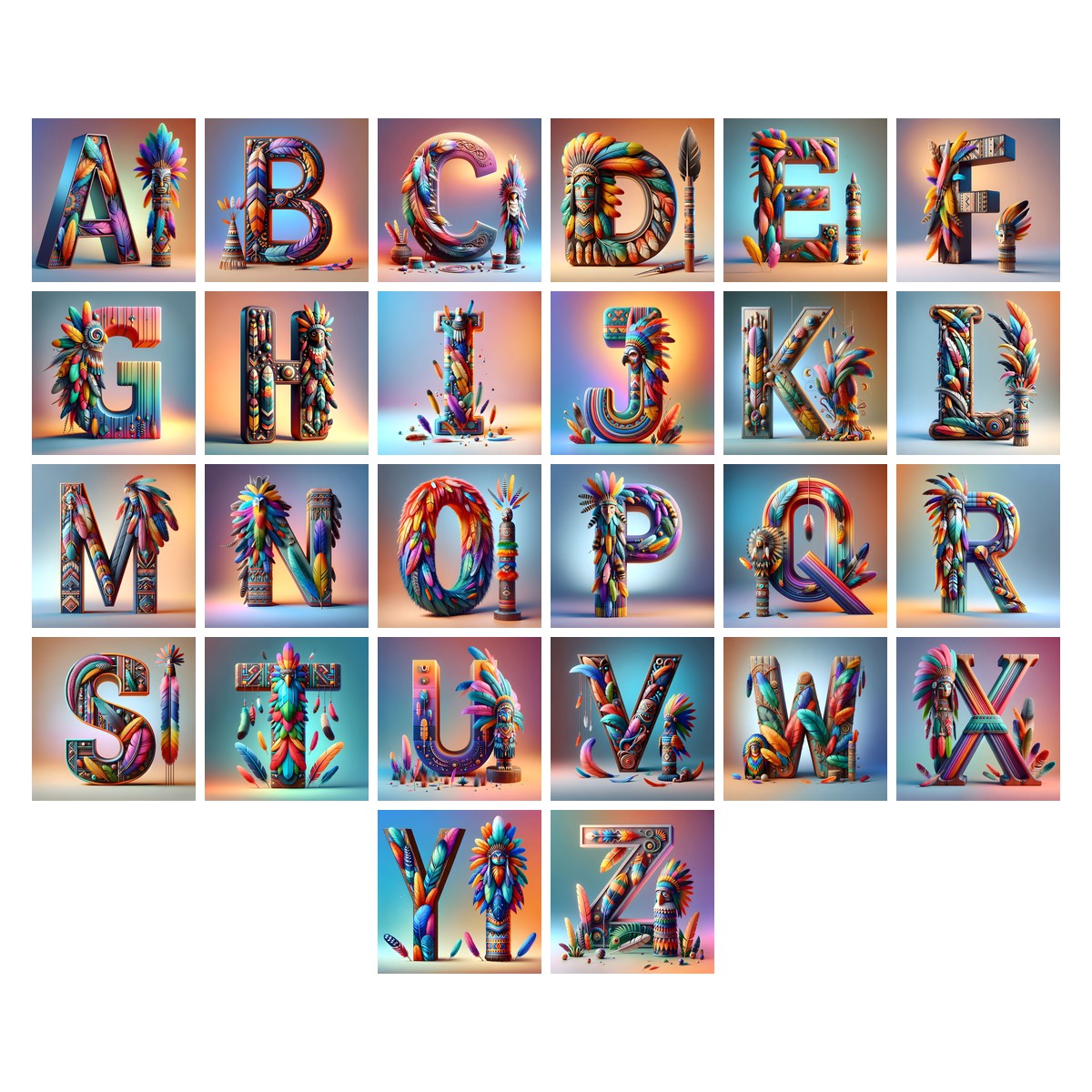 Carved Totem Pole alphabet — all 26 letters A to Z, choose any single letter