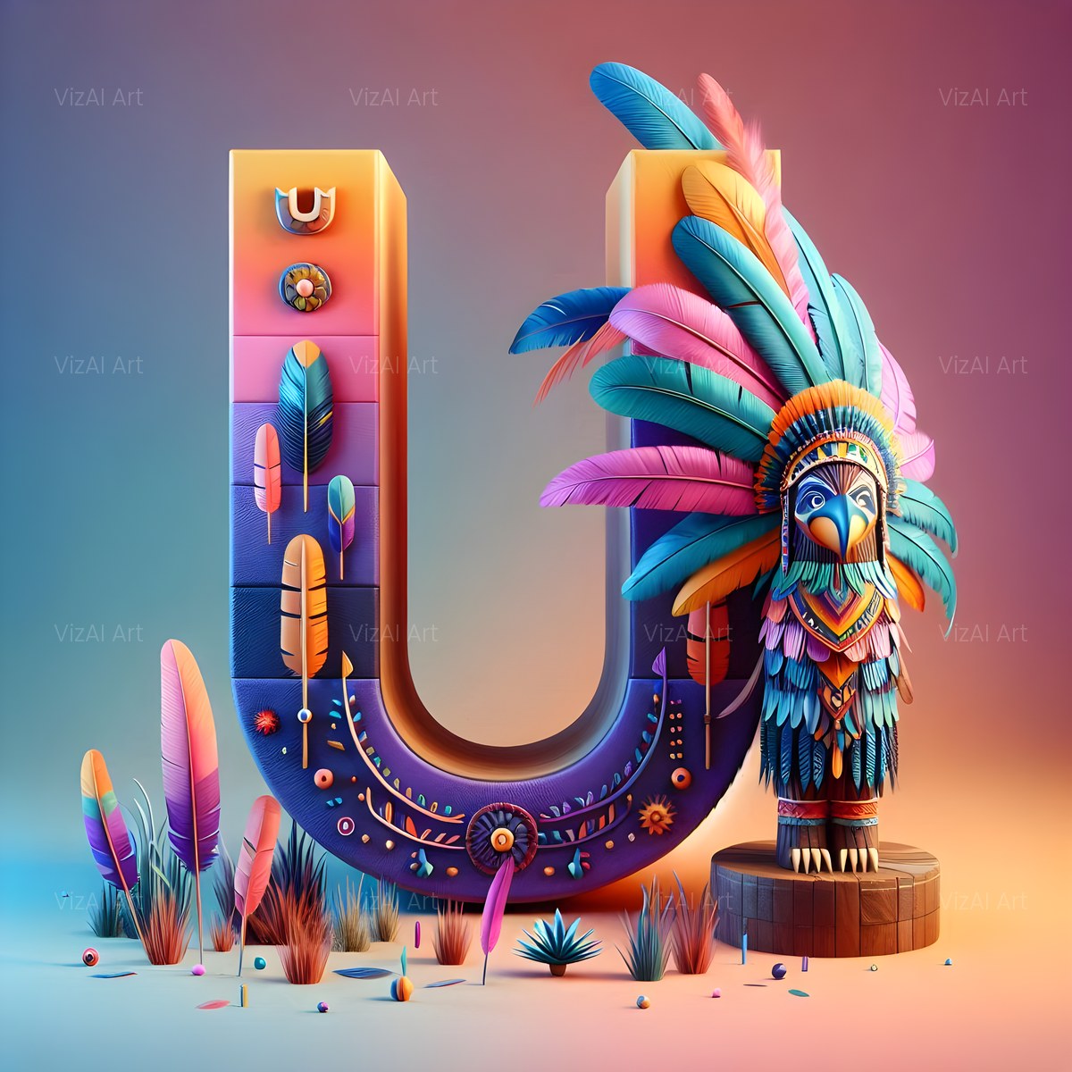 Carved Totem Pole alphabet — printable letter U