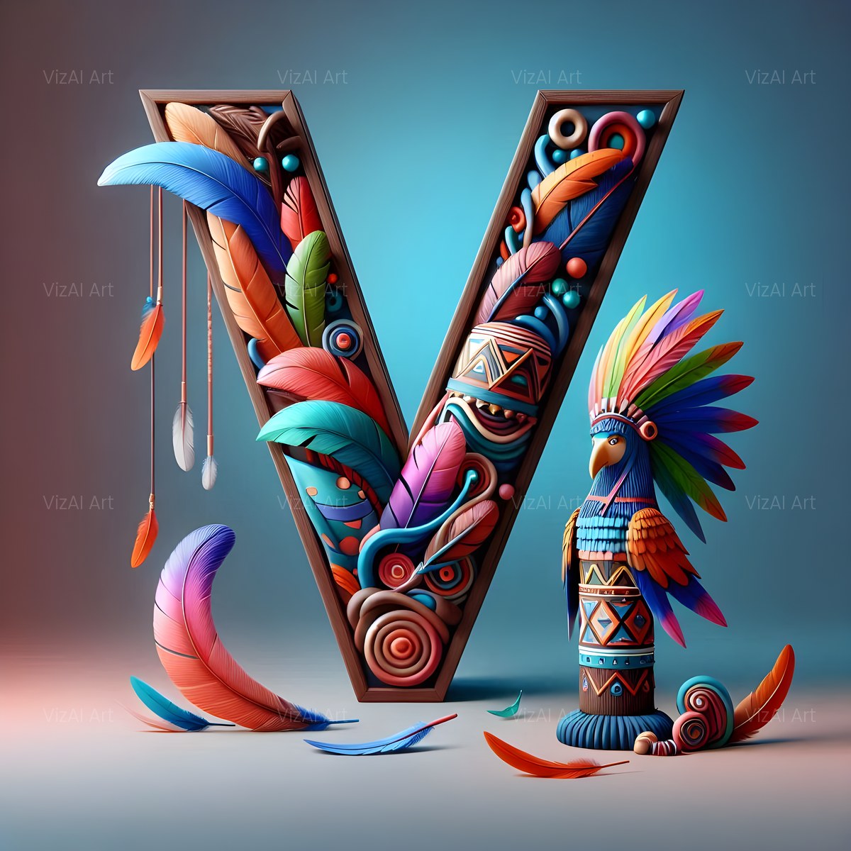 Carved Totem Pole alphabet — printable letter V