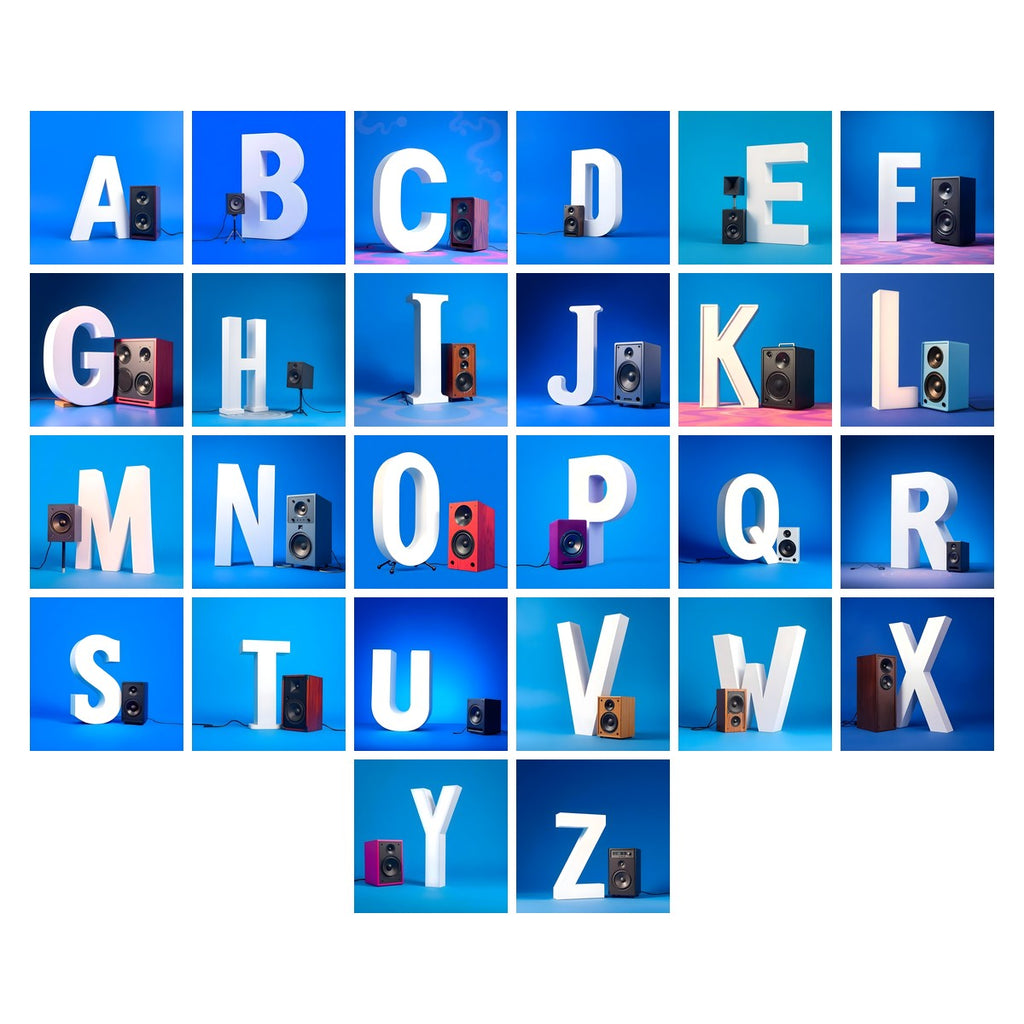 Blue Speaker Bass alphabet — all 26 letters A to Z, choose any single letter