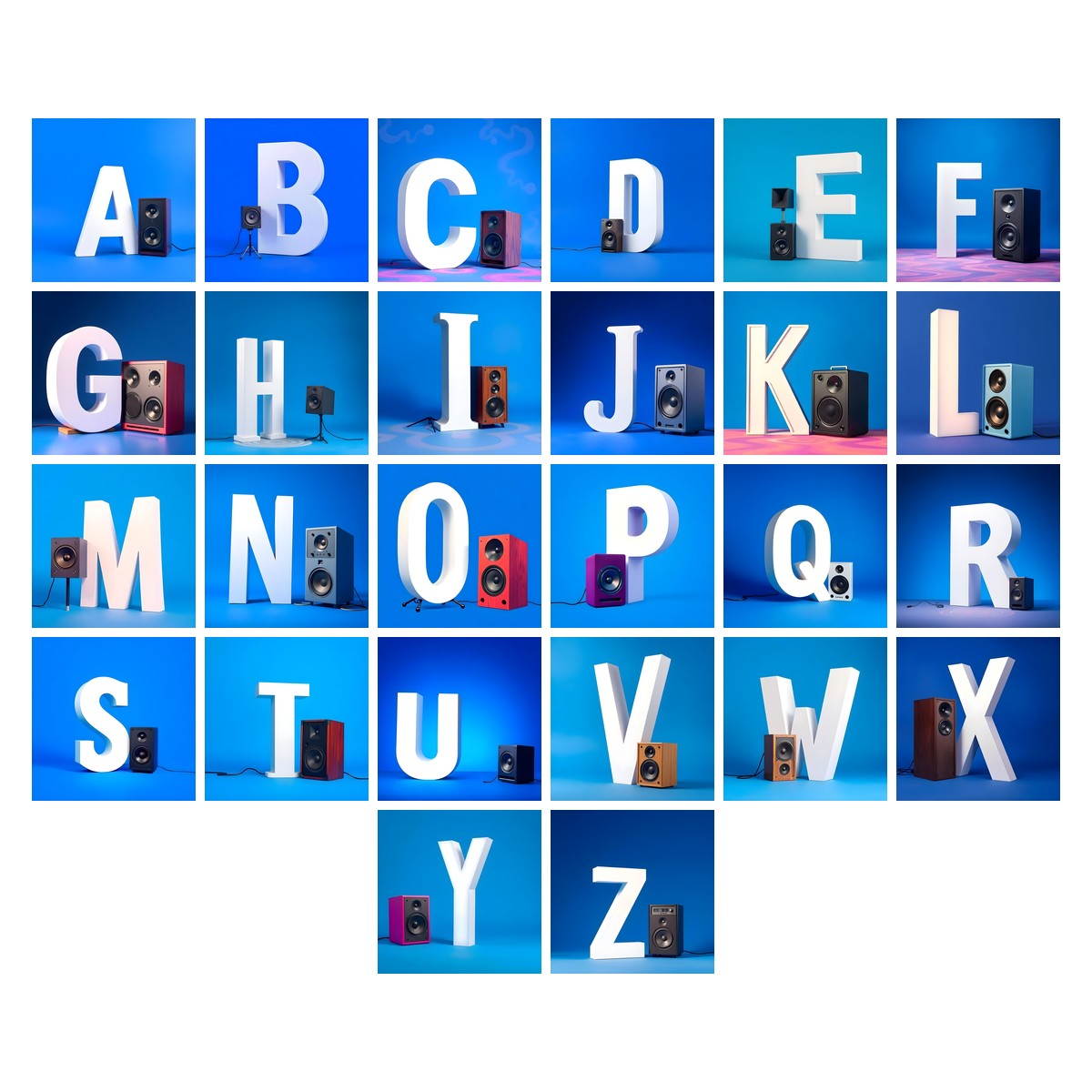 Blue Speaker Bass alphabet — all 26 letters A to Z, choose any single letter