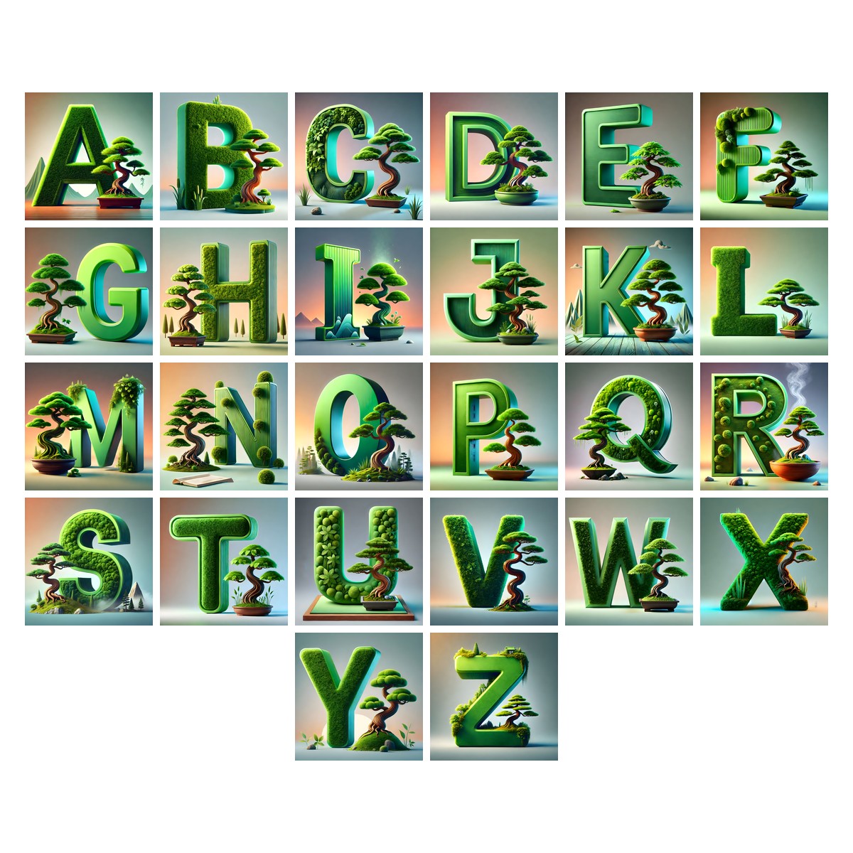 Bonsai Garden Moss alphabet — all 26 letters A to Z, choose any single letter