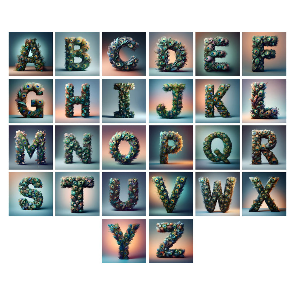 Peacock Plume Green alphabet — all 26 letters A to Z, choose any single letter