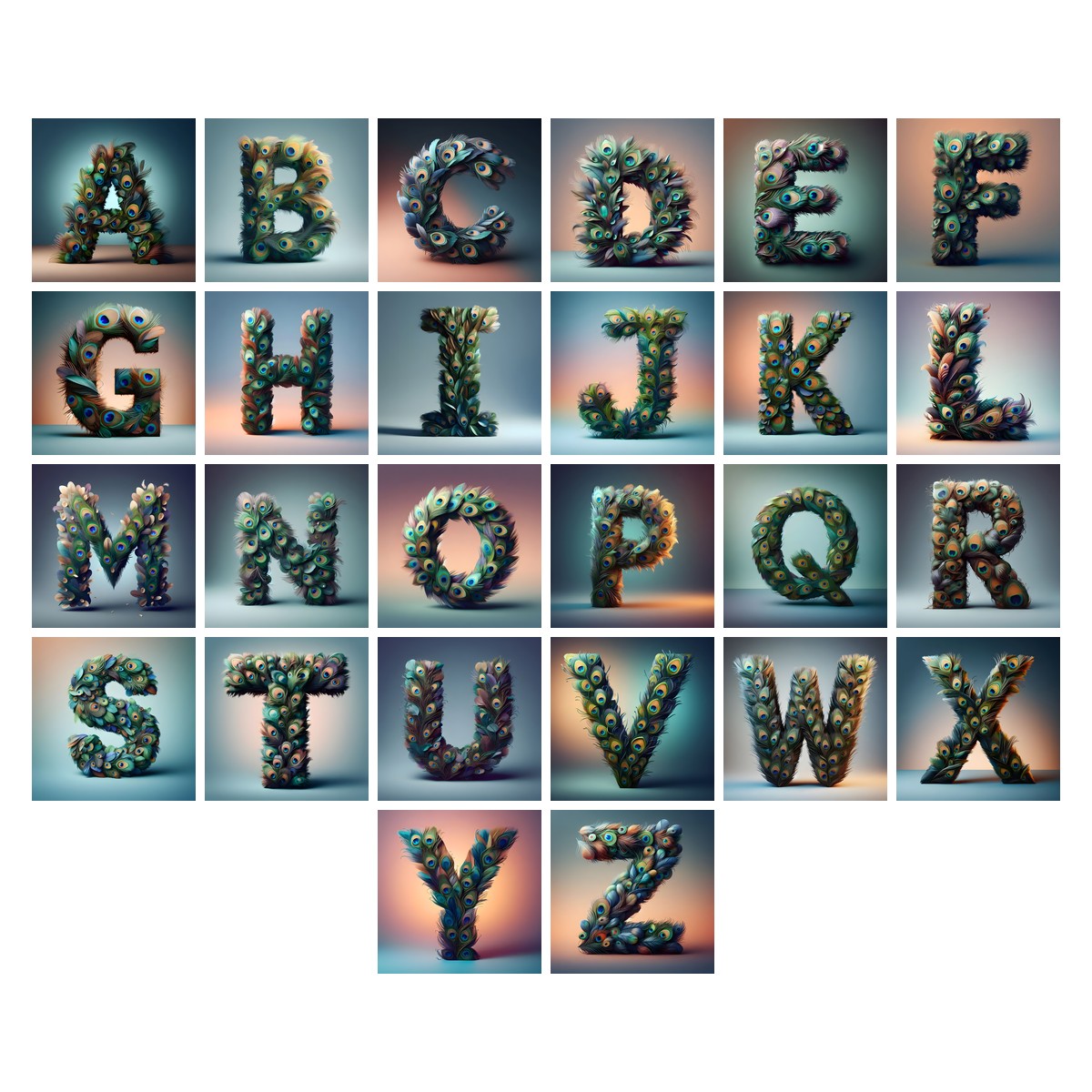 Peacock Plume Green alphabet — all 26 letters A to Z, choose any single letter