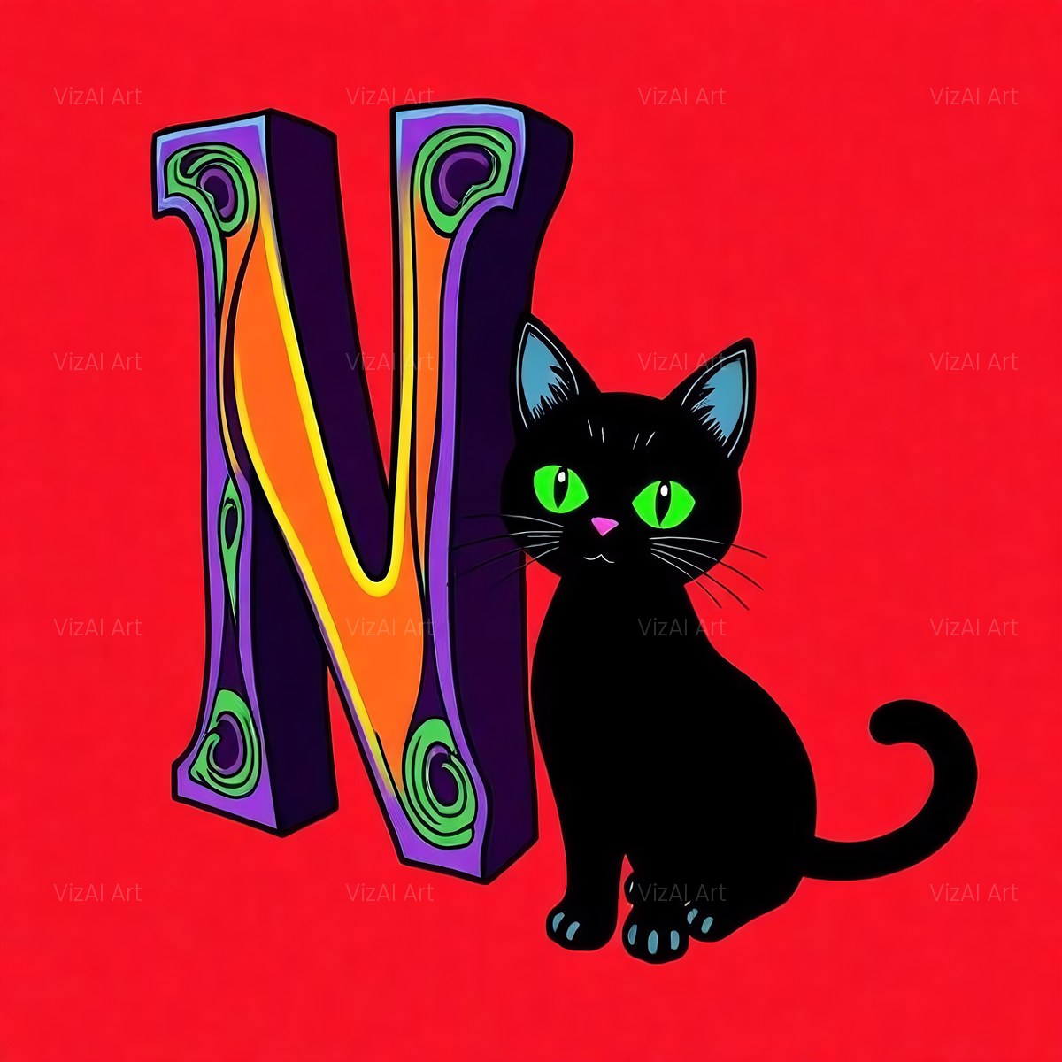 Black Cat alphabet — printable letter N