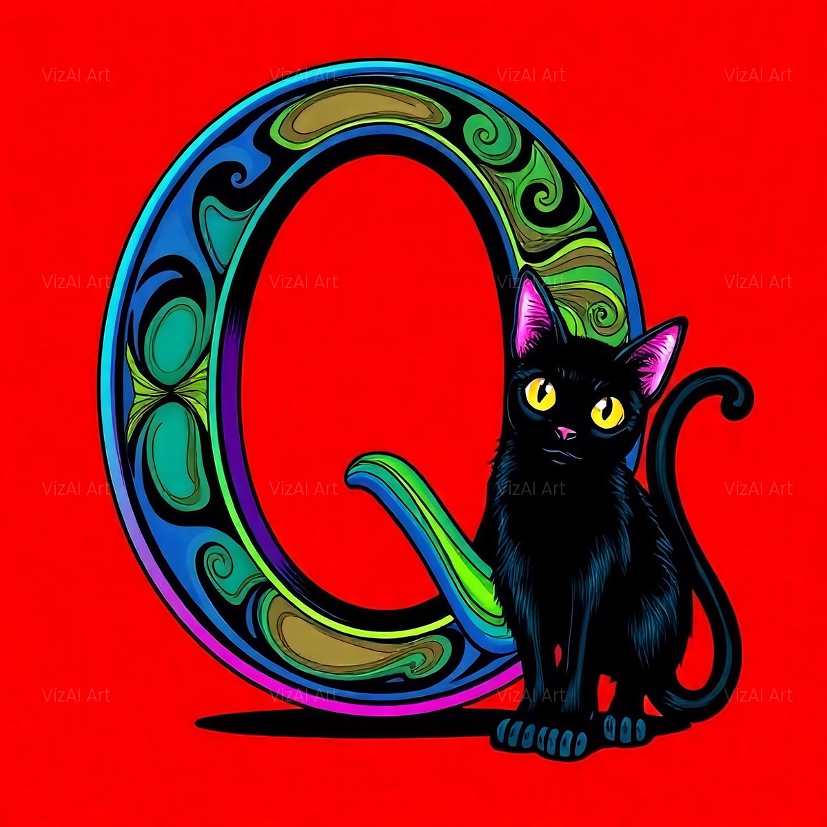Black Cat alphabet — printable letter Q