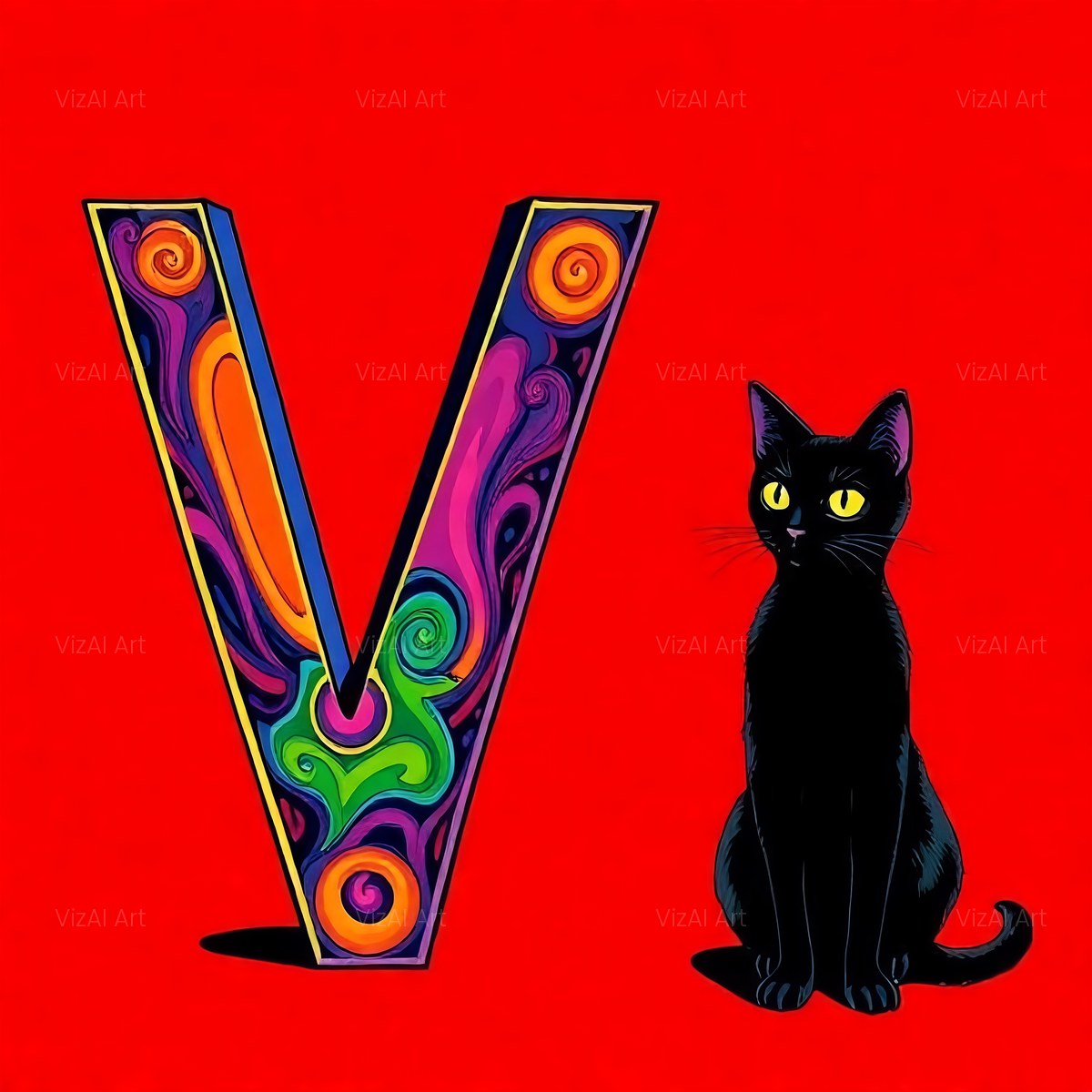 Black Cat alphabet — printable letter V