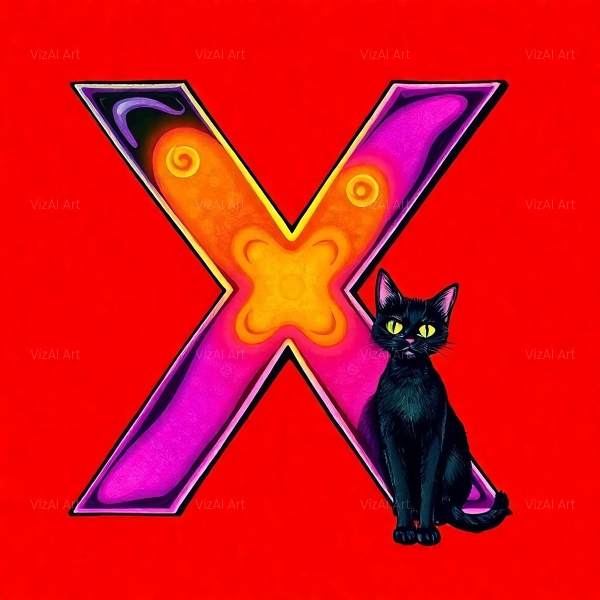 Black Cat alphabet — printable letter X