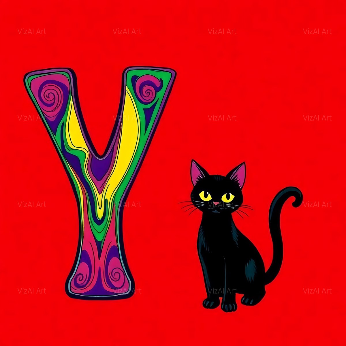 Black Cat alphabet — printable letter Y