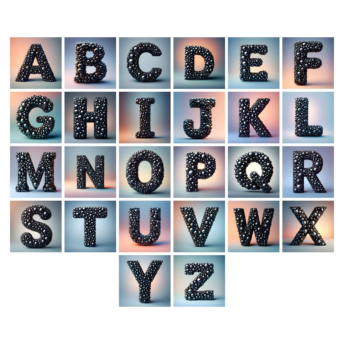 Black Pearl Cluster alphabet — all 26 letters A to Z, choose any single letter