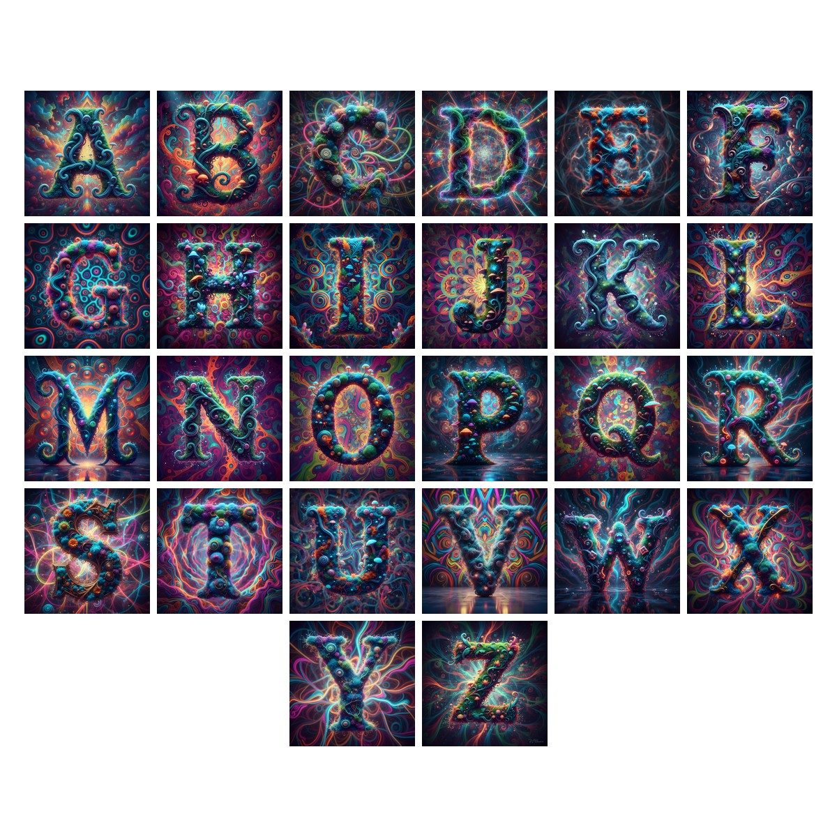 Psychedelic Swirl alphabet — all 26 letters A to Z, choose any single letter
