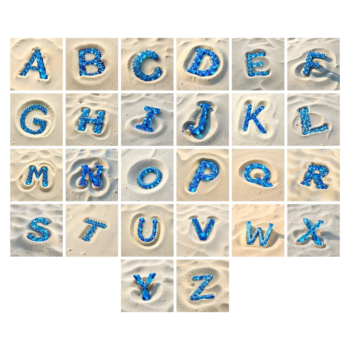 Beach Sand Gem alphabet — all 26 letters A to Z, choose any single letter