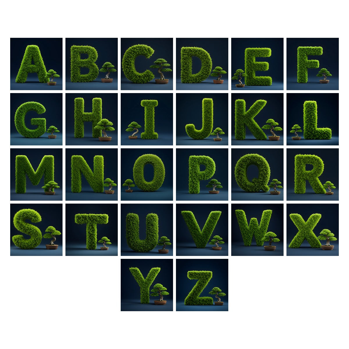 Bonsai Topiary Green alphabet — all 26 letters A to Z, choose any single letter