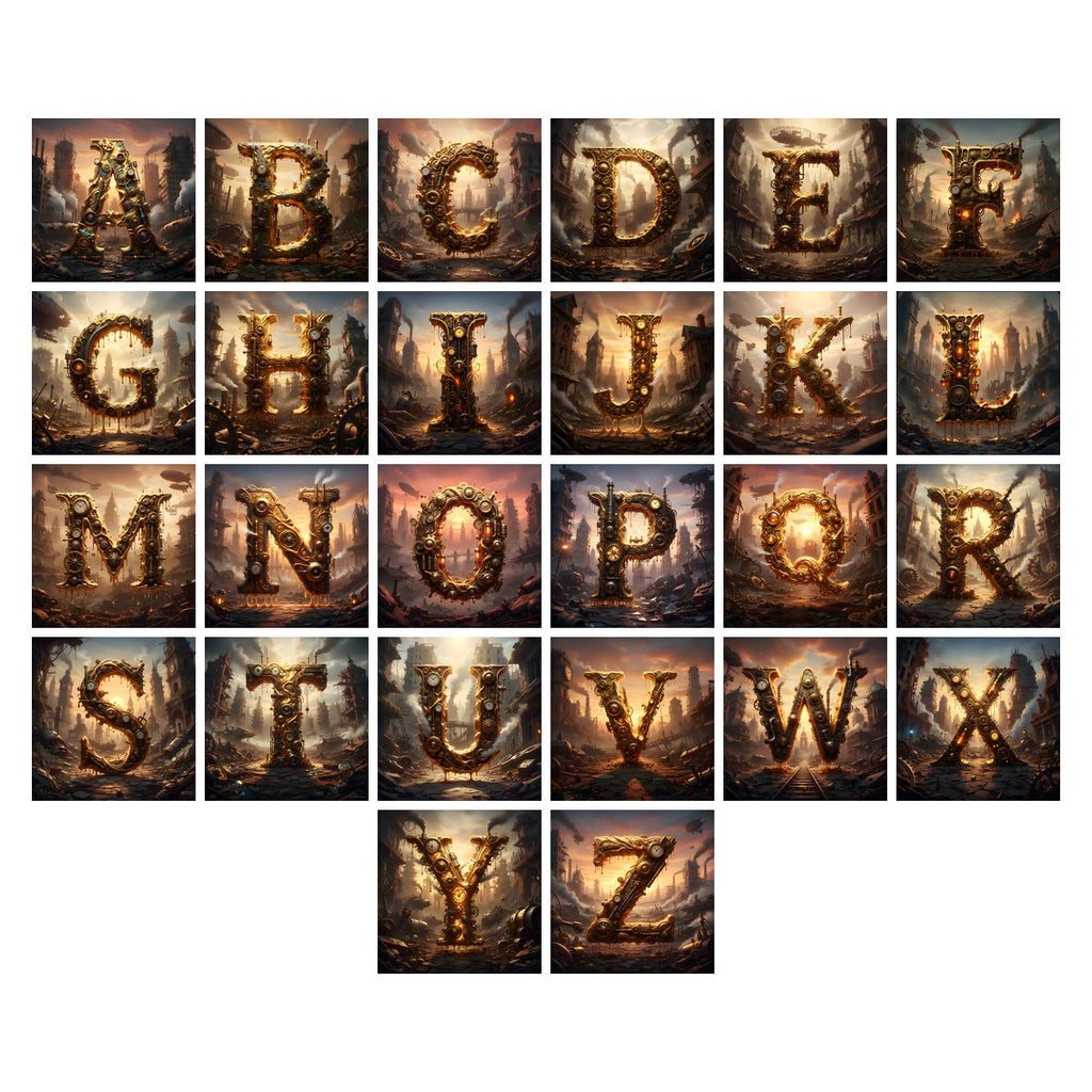 Steampunk Brass City alphabet — all 26 letters A to Z, choose any single letter