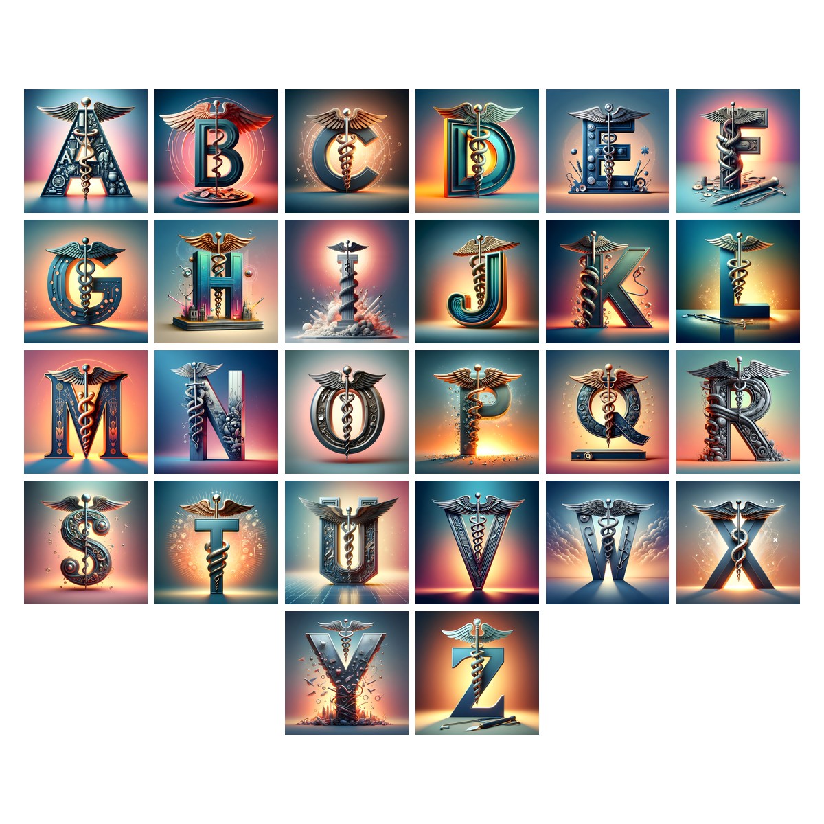 Caduceus Medical Emblem alphabet — all 26 letters A to Z, choose any single letter