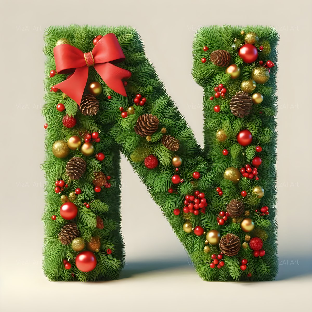 Christmas Vintage Bauble Charm alphabet — printable letter N