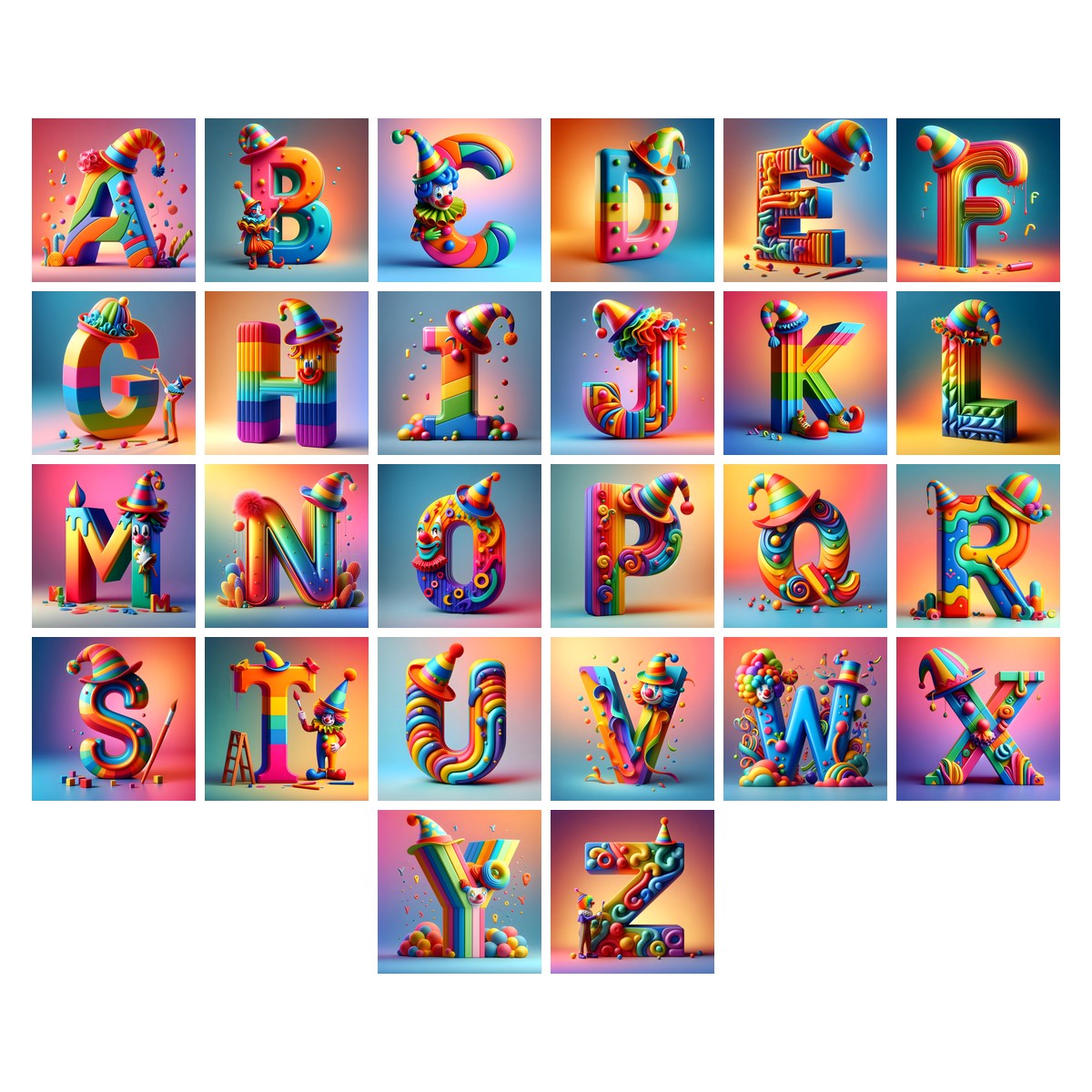 Circus Clown Carnival alphabet — all 26 letters A to Z, choose any single letter