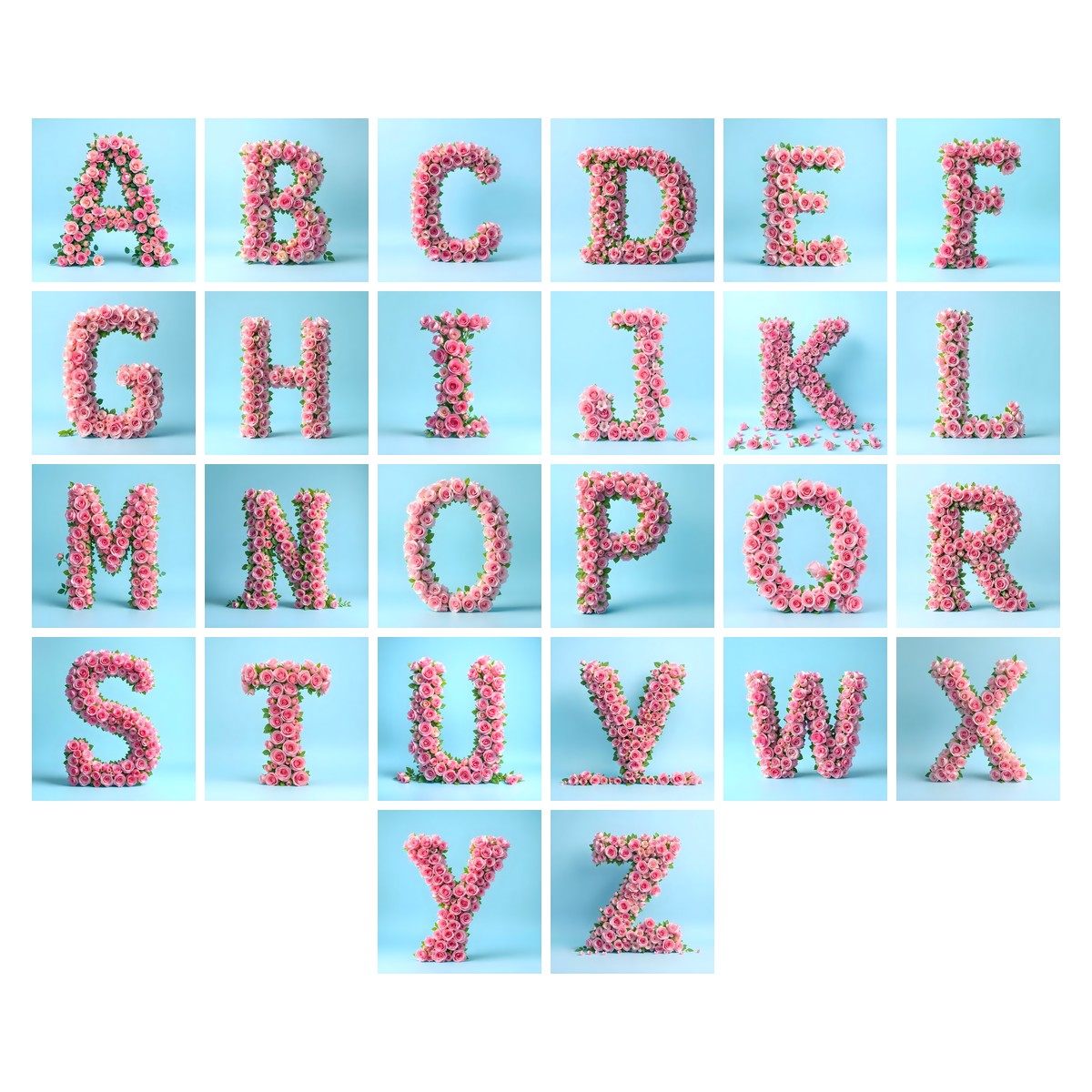 Blush Rose Cloud alphabet — all 26 letters A to Z, choose any single letter