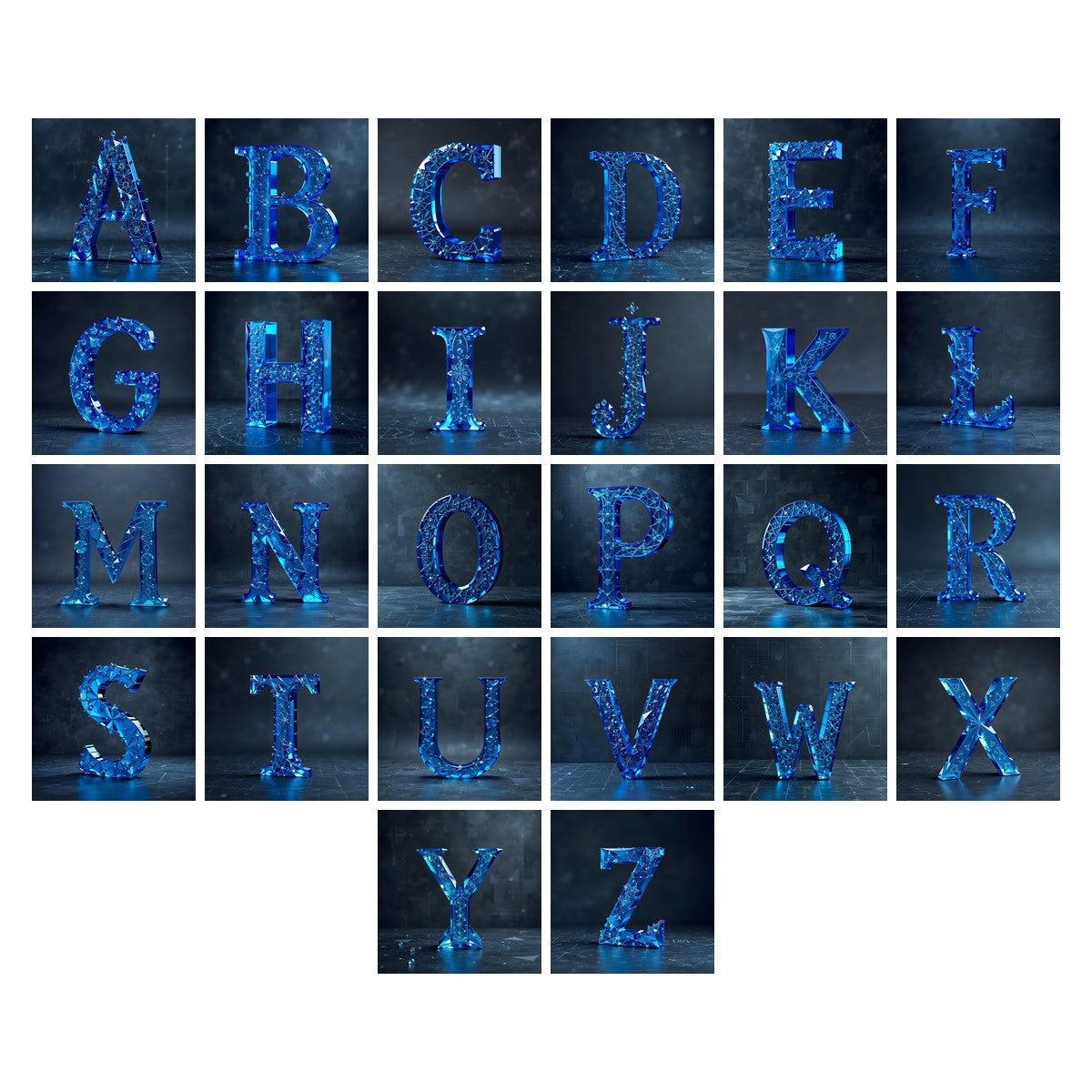 Crystal Fractal Ice alphabet — all 26 letters A to Z, choose any single letter