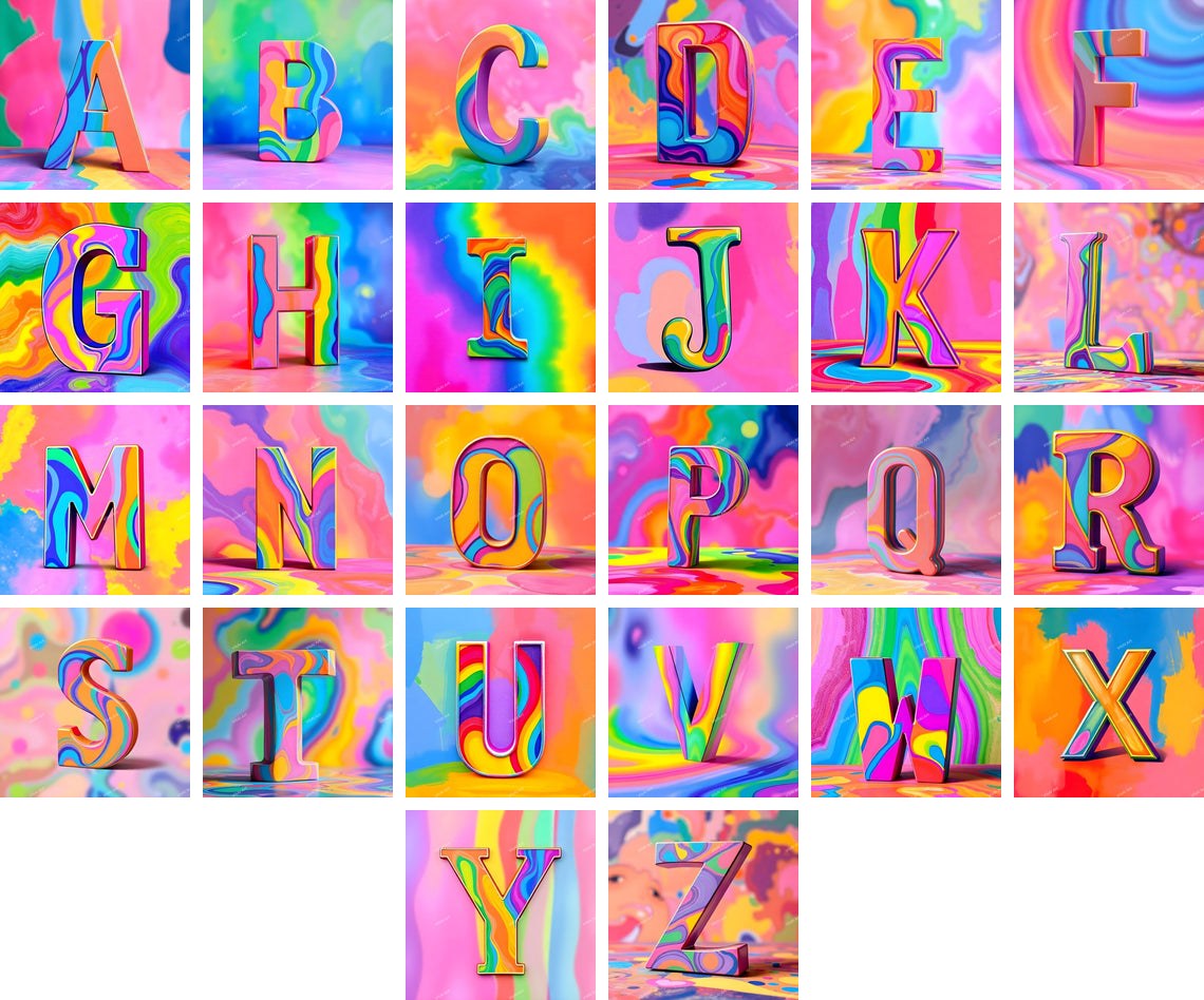 Colourful Paint alphabet — all 26 letters A to Z