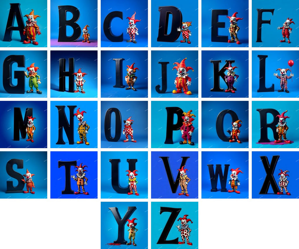 Clown alphabet — all 26 letters A to Z