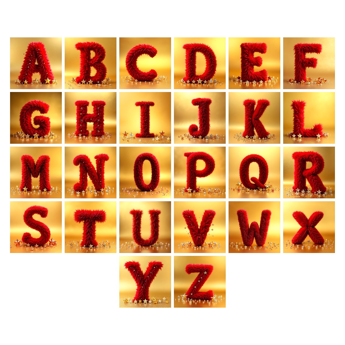 Crimson Plush Fur alphabet — all 26 letters A to Z, choose any single letter