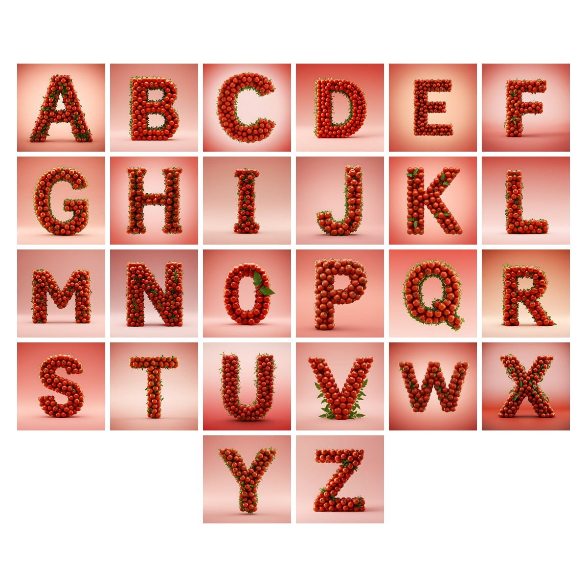 Cherry Tomato Vine alphabet — all 26 letters A to Z, choose any single letter