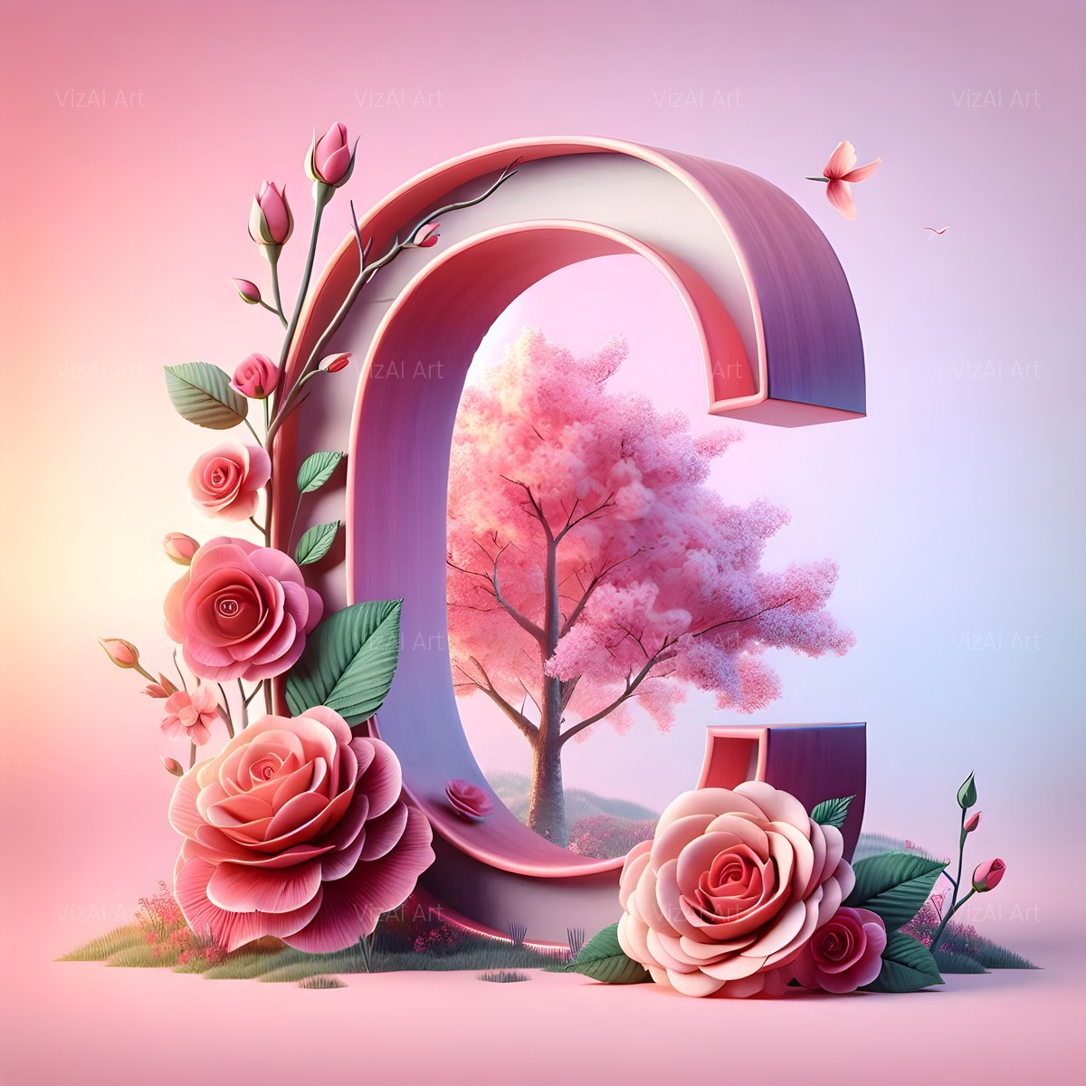 Cherry Blossom Rose alphabet — printable letter C