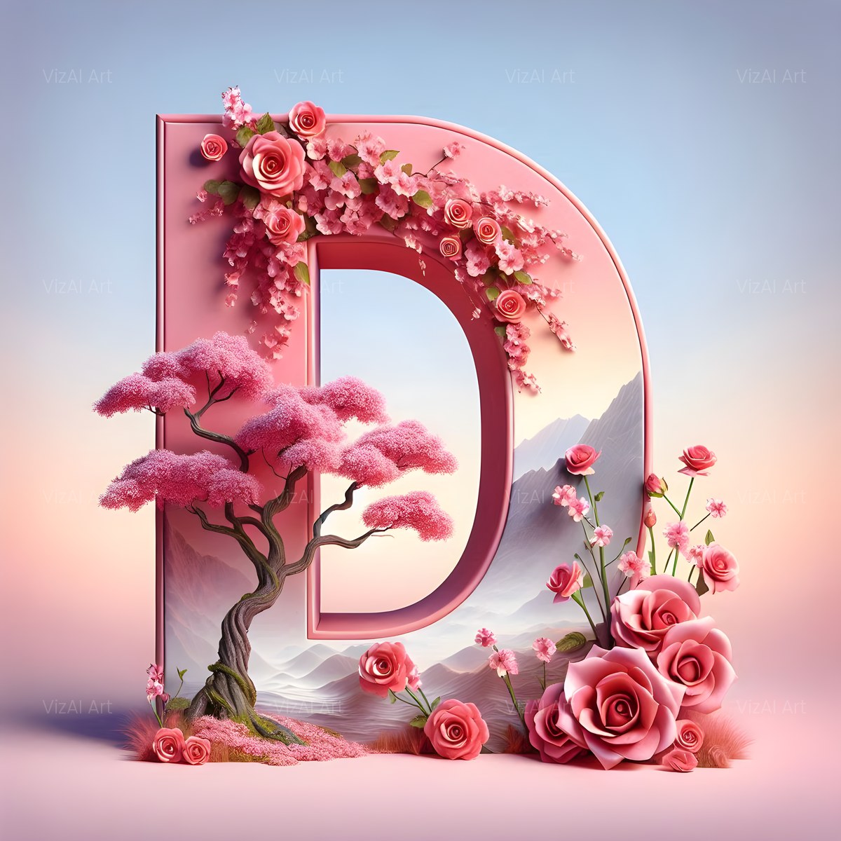 Cherry Blossom Rose alphabet — printable letter D