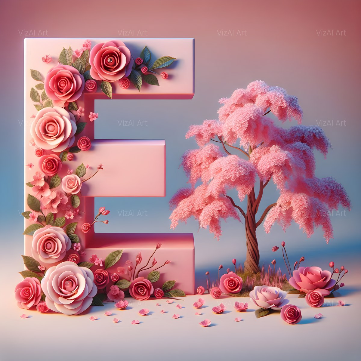 Cherry Blossom Rose alphabet — printable letter E