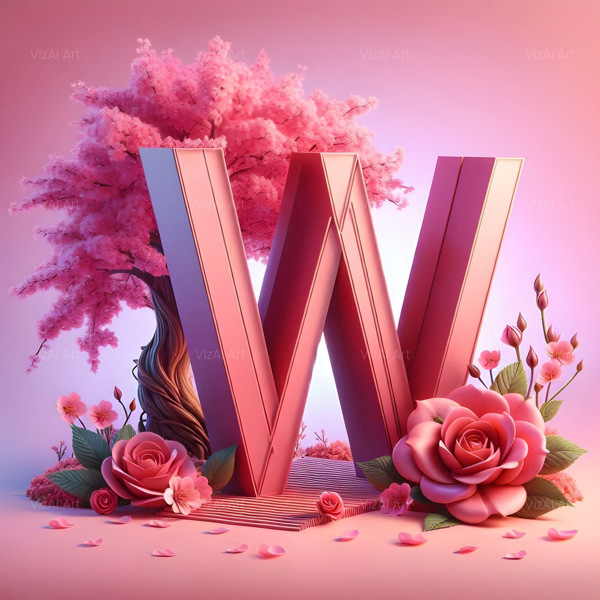 Cherry Blossom Rose alphabet — printable letter W