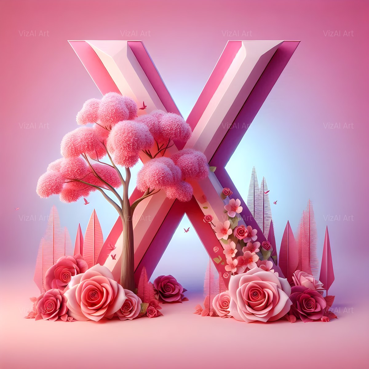 Cherry Blossom Rose alphabet — printable letter X