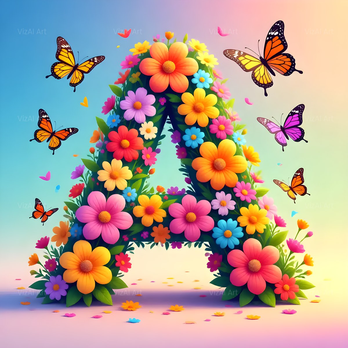 Daisy Butterfly Pastel alphabet — printable letter A