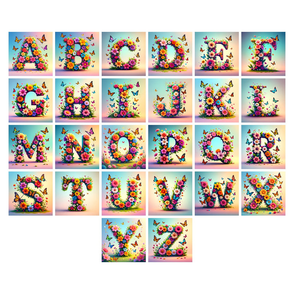 Daisy Butterfly Pastel alphabet — all 26 letters A to Z, choose any single letter