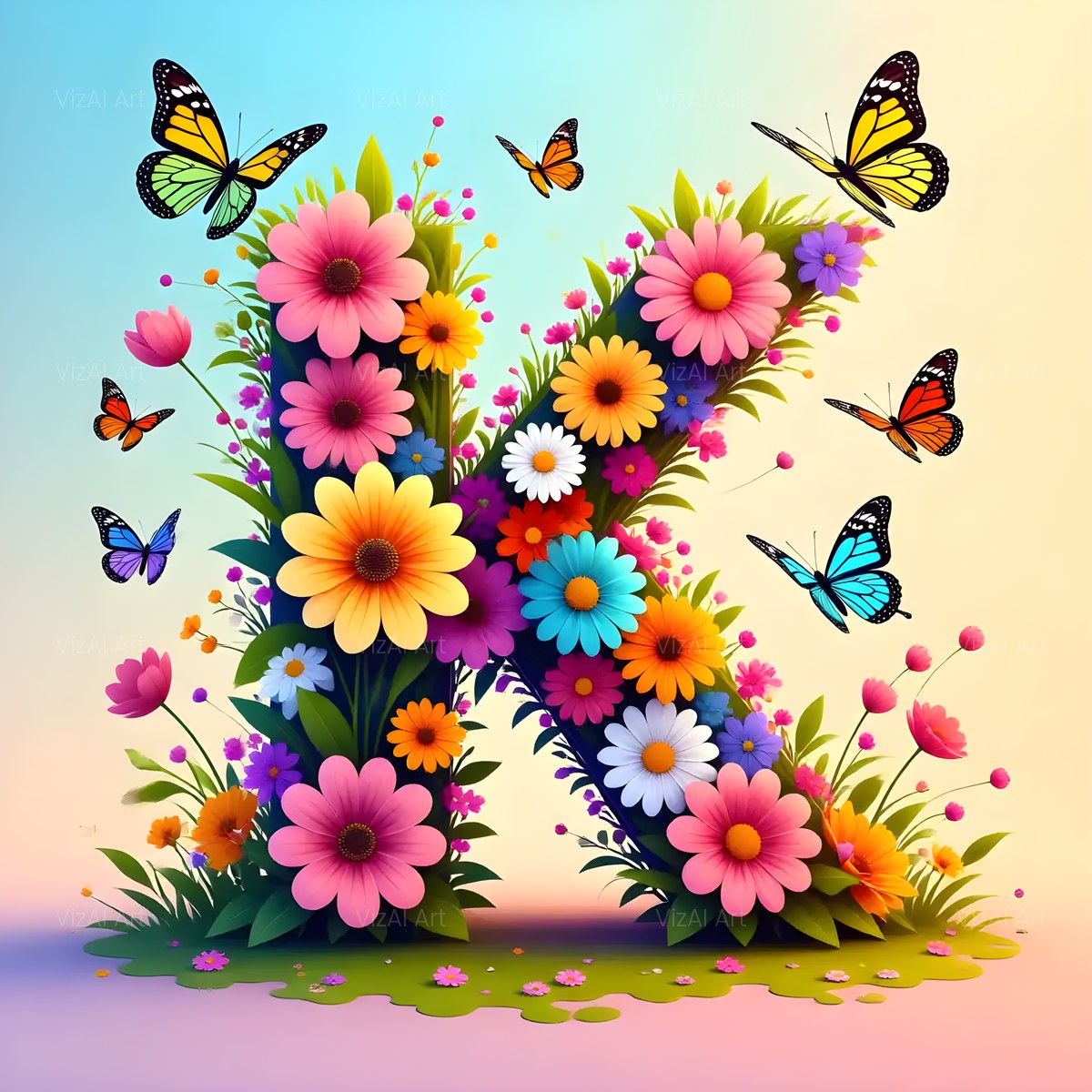 Daisy Butterfly Pastel alphabet — printable letter K