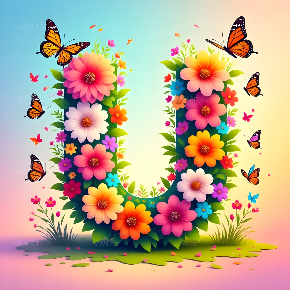 Daisy Butterfly Pastel alphabet — printable letter U