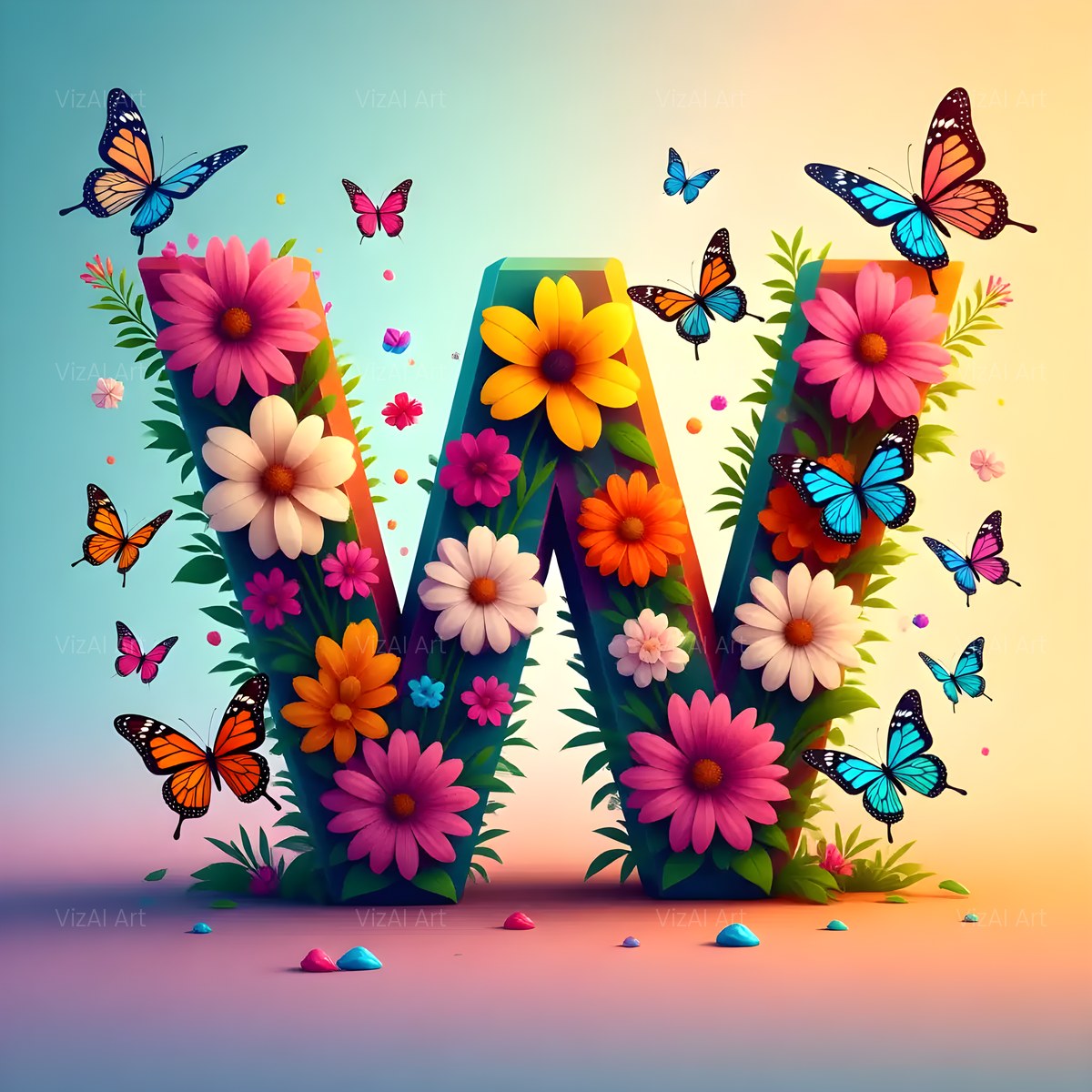 Daisy Butterfly Pastel alphabet — printable letter W